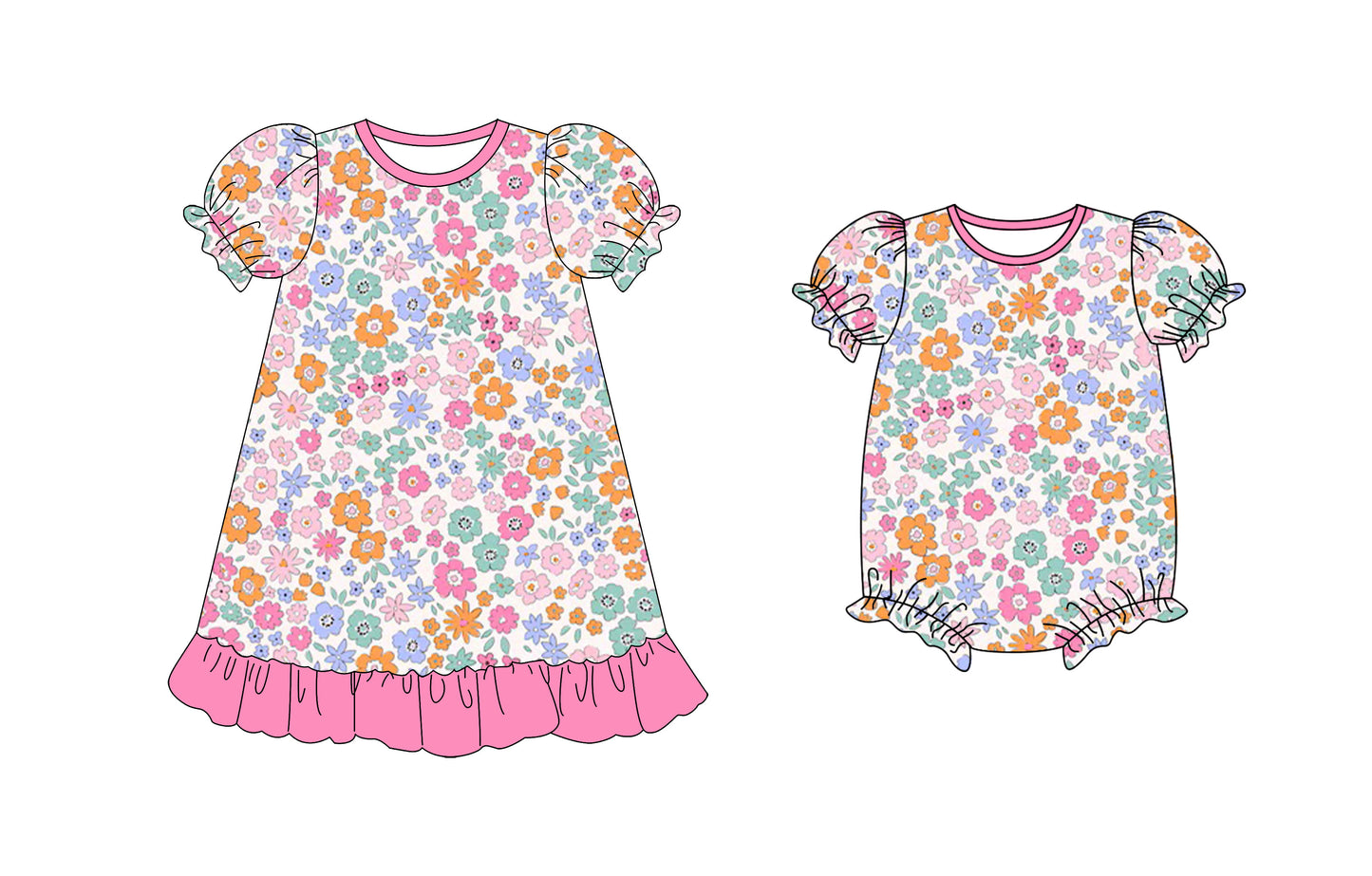 25.10.10 custom each style moq 5 eta 6-8week Sibling Sisters floral baby girl short sleeve dress and romper match family design