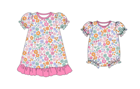 25.10.10 custom each style moq 5 eta 6-8week Sibling Sisters floral baby girl short sleeve dress and romper match family design