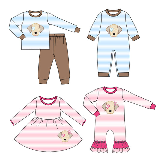 25.9.8 custom each style moq 5 eta 4-6week Sibling Sisters puppy baby girl long sleeve pants sets and romper 2 and dress match family design