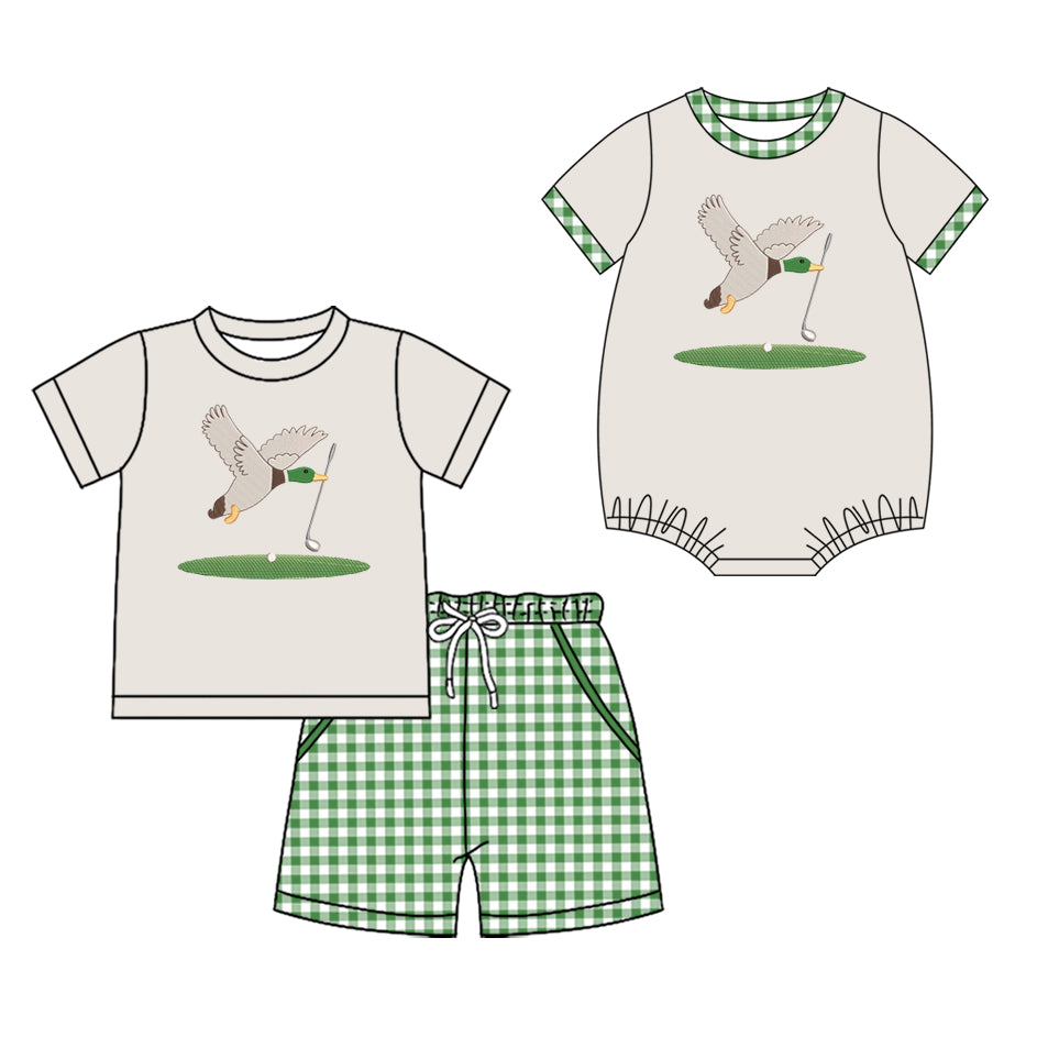 2.27 Custom moq 5 mix size Sibling Baby Boys Romper Short-Sleeved Top And Green plaid Shorts Set