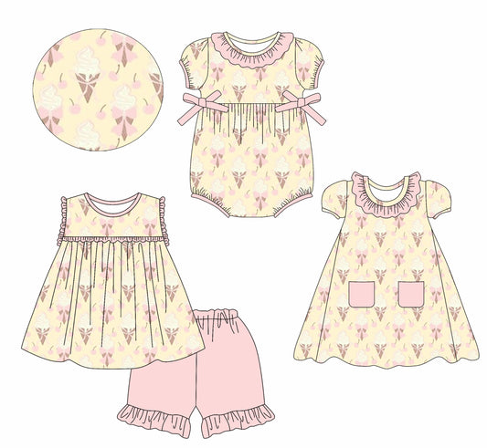 2.22 custom each style moq 5eta 4-6week Sibling Sisters ice cream baby girl short sleeve shorts sets and dress and rompers match family design