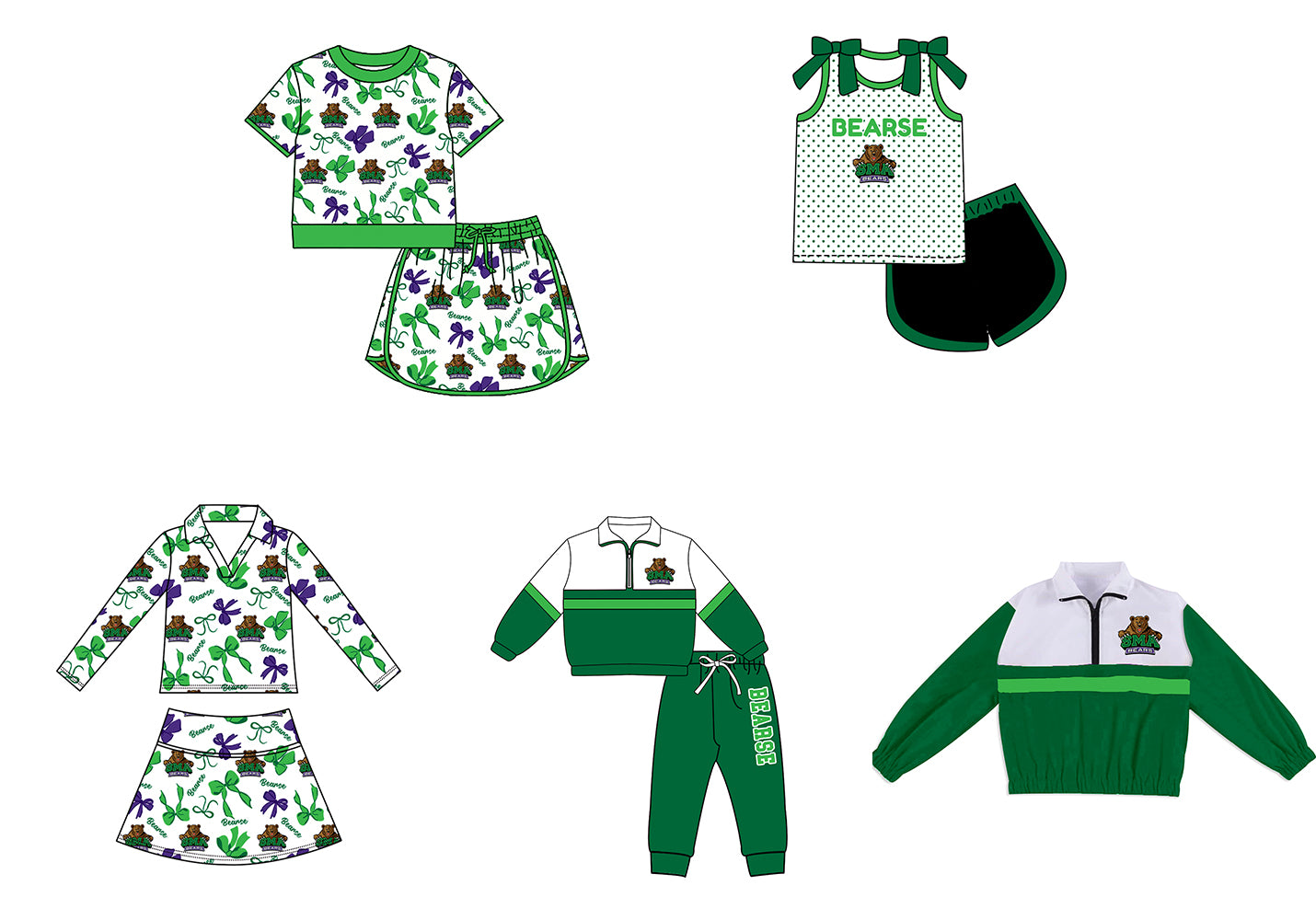 Custom moq 5 mix size milk silk summer teams Girls Green Polka Dot Top Shorts Set Top Skirt Short Set Zipper Pullover Jogger Pants Set