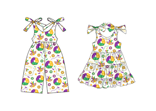25.10.13 custom each style moq 5 eta 6-8week Sibling Sisters mardi gras baby girl long sleeve dress and jumpsuit match family design