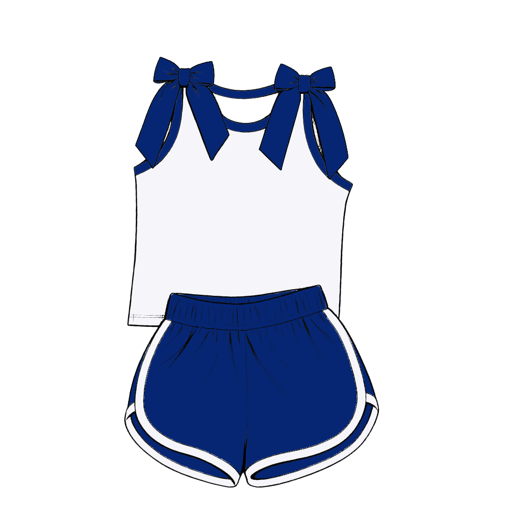 custom moq 5 mix size Baby Girls Blue Bow Sleeveless Top Shorts Summer Casual Clothes Set