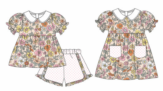 11.3 custom each style moq 5eta 4-6week Sibling Sister floral baby girl short sleeve shorts sets and briefs sets and dresses match design