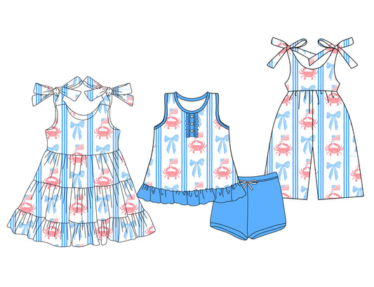 3.15 custom each style moq 5eta 4-6week Sibling Sister bow crab baby girl short sleeve shorts sets and dresses and jumpsuit match design
