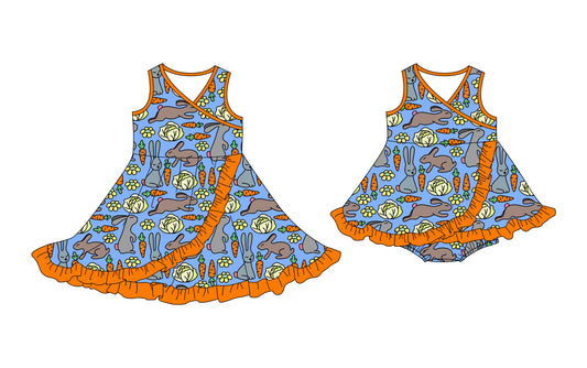 25.10.11 custom each style moq 5 eta 6-8week Sibling Sisters bunny baby girl short sleeve dress and romper match family design