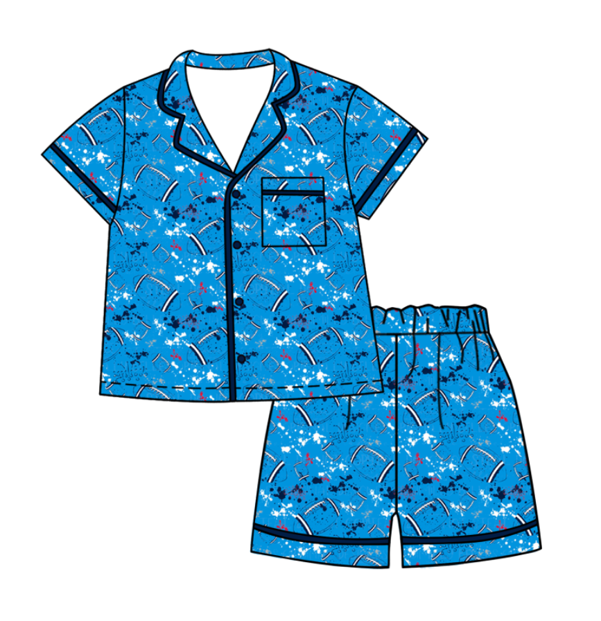 Custom moq 5 mix size milk silk summer teams Baby Girls Football Button Pocket Top Short Pajamas Sets Cute Infant Sleepwear