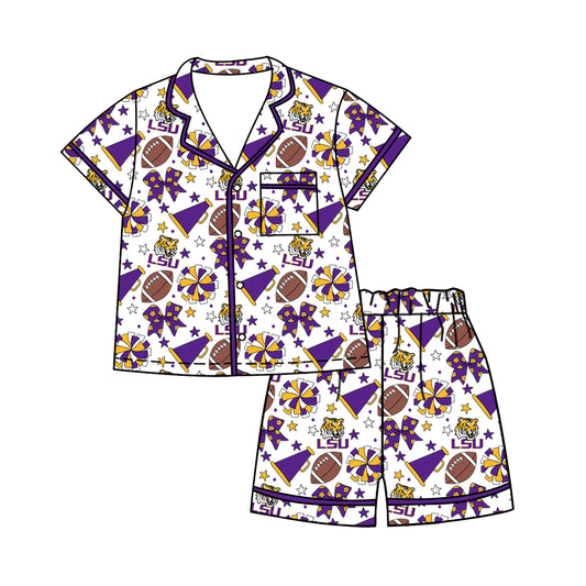 Custom moq 5 mix size milk silk summer teams Baby Girls Purple Bows Button Pocket Top Short Pajamas Sets Cute Infant Sleepwear