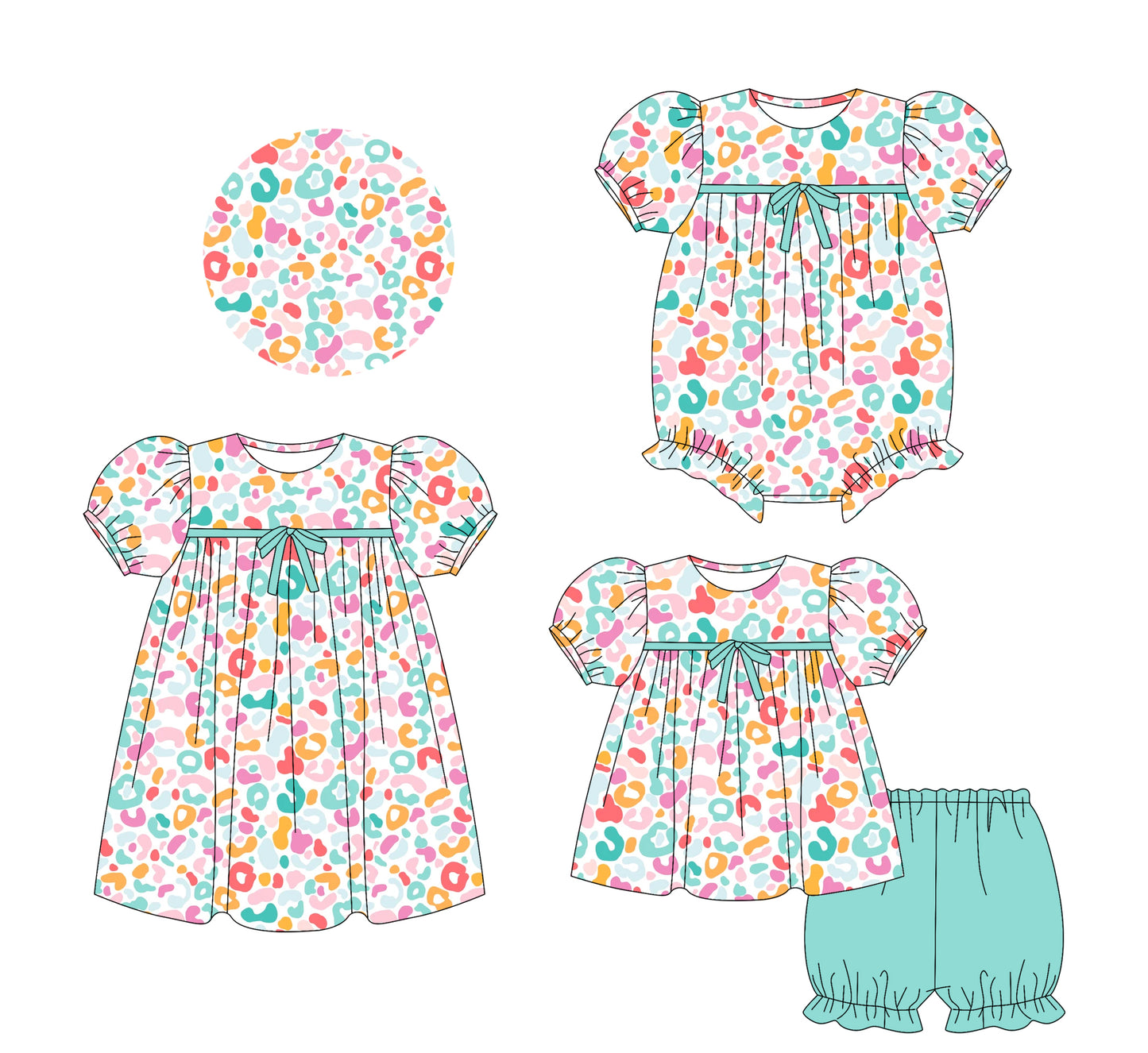 25.5.23 custom each style moq 5eta 4-6week Sibling Sisters leopard baby girl short sleeve shorts sets and dress and rompers match family design
