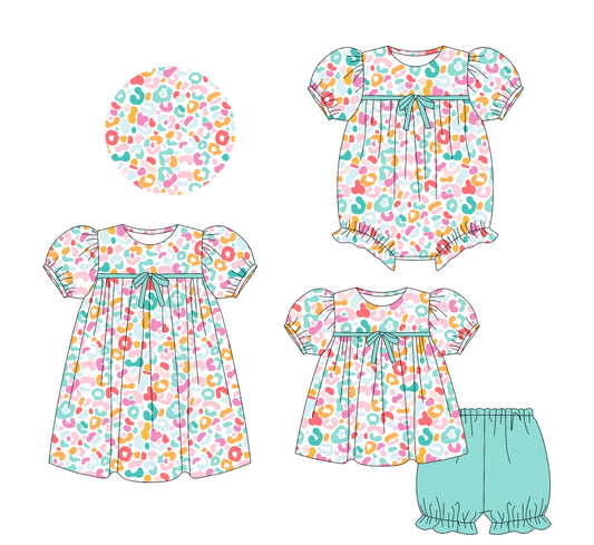 25.5.23 custom each style moq 5eta 4-6week Sibling Sisters leopard baby girl short sleeve shorts sets and dress and rompers match family design