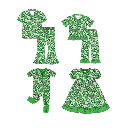 25.9.17 custom each style moq 8 eta 6-8week Sibling Sister leopard green baby short sleeve pants set and dress and romper and adult set match design