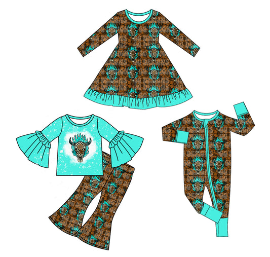 25.7.15 custom each style moq 5eta 4-6week Sibling Sisters cow head baby girl long sleeve pants sets and dress and rompers match family design