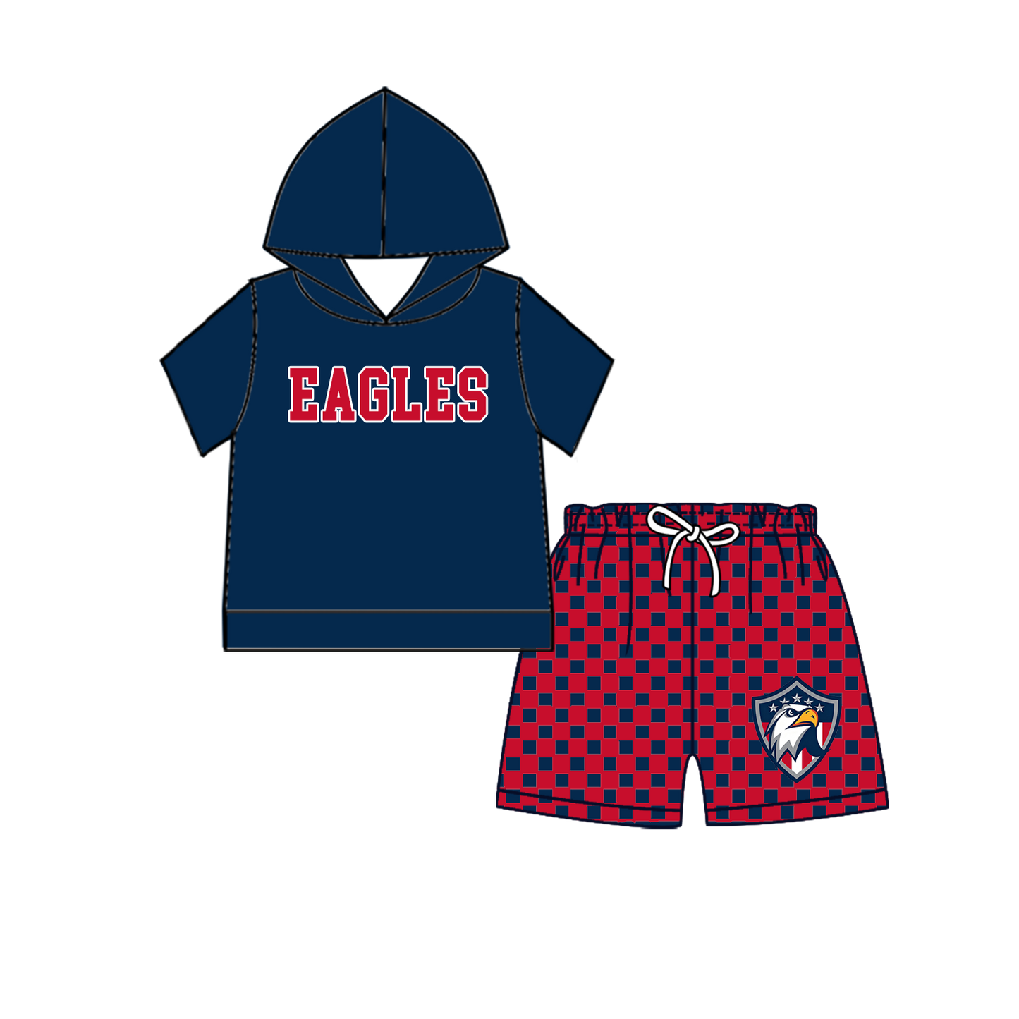custom moq 5 mix size MSD071006 Baby Kids Short Sleeve Hooded Top Checked Elastic Waist Shorts Team Clothes Set