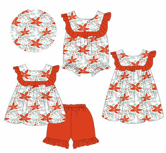 3.24 custom each style moq 5eta 4-6week Sibling Sisters floral baby girl short sleeve shorts sets and dress and rompers match family design