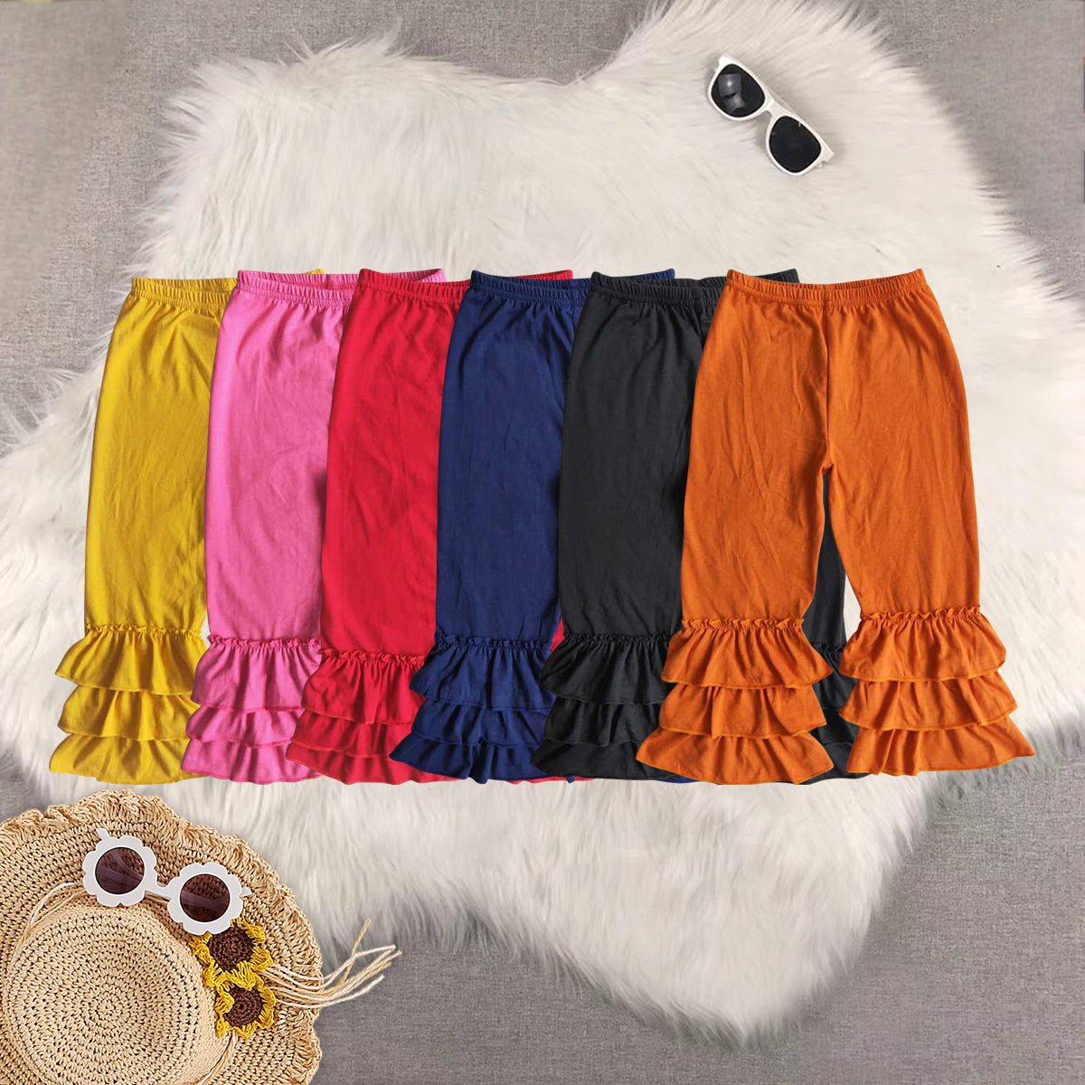RTS NO MOQ Sibling baby girl clothes Double ruffled hem straight-leg trousers