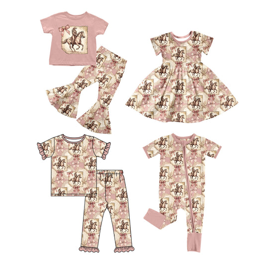Custom moq 5 mix size Sibling Pink Baby Girl Short-Sleeved Pajama Set Short-sleeved flared pants suit Zipper Romper And Dress Outfit