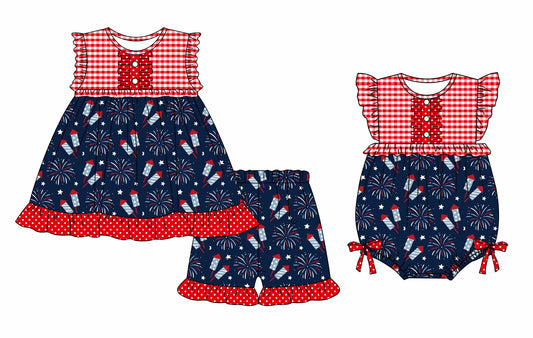 3.13 custom each style moq 5eta 4-6week Sibling Sister firework baby girl short sleeve shorts sets and romper match design