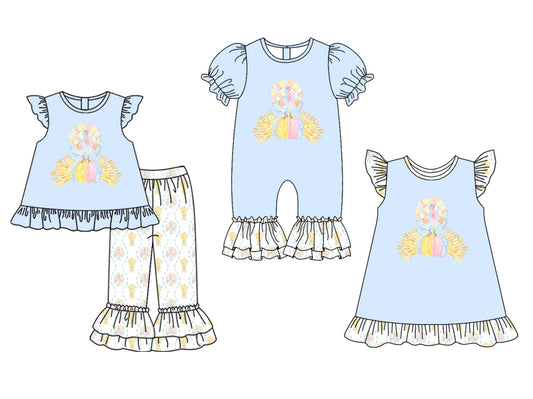 25.5.17 custom each style moq 5eta 4-6week Sibling Sisters pumpkin turkey baby girl short sleeve pants sets and dress and rompers match family design