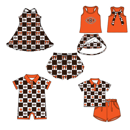 Custom moq 5 mix size milk silk summer teams Checked Baby Girl Orange Sleeveless Top Skirt Short Set Dress And Shorts Yoga Outfit Boy's Top Shorts Set Romper