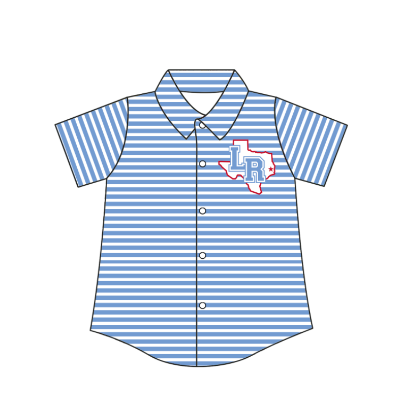 Custom moq 5 mix size milk silk summer teams Baby Boys Summer Light Blue Stripes Short Sleeve Button Shirts Top