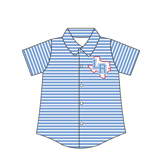 Custom moq 5 mix size milk silk summer teams Baby Boys Summer Light Blue Stripes Short Sleeve Button Shirts Top