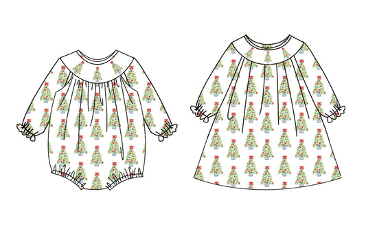 25.5.19 custom each style moq 5eta 4-6week Sibling Sisters Christmas trees baby girl long sleeve dress and rompers match family design