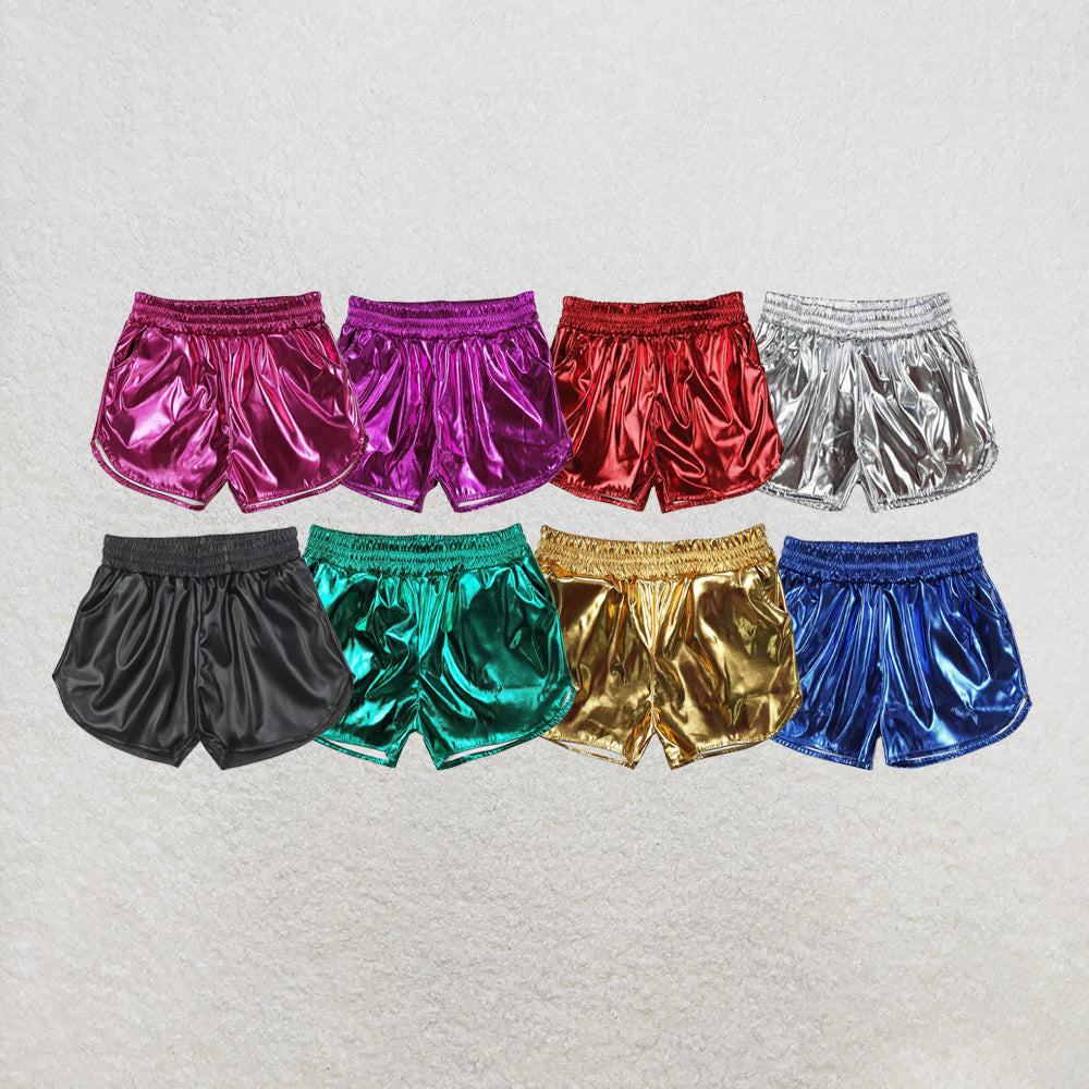 RTS NO MOQ Sibling Baby Girls  Pockets Leather Metallic Elastic Bottom Shorts