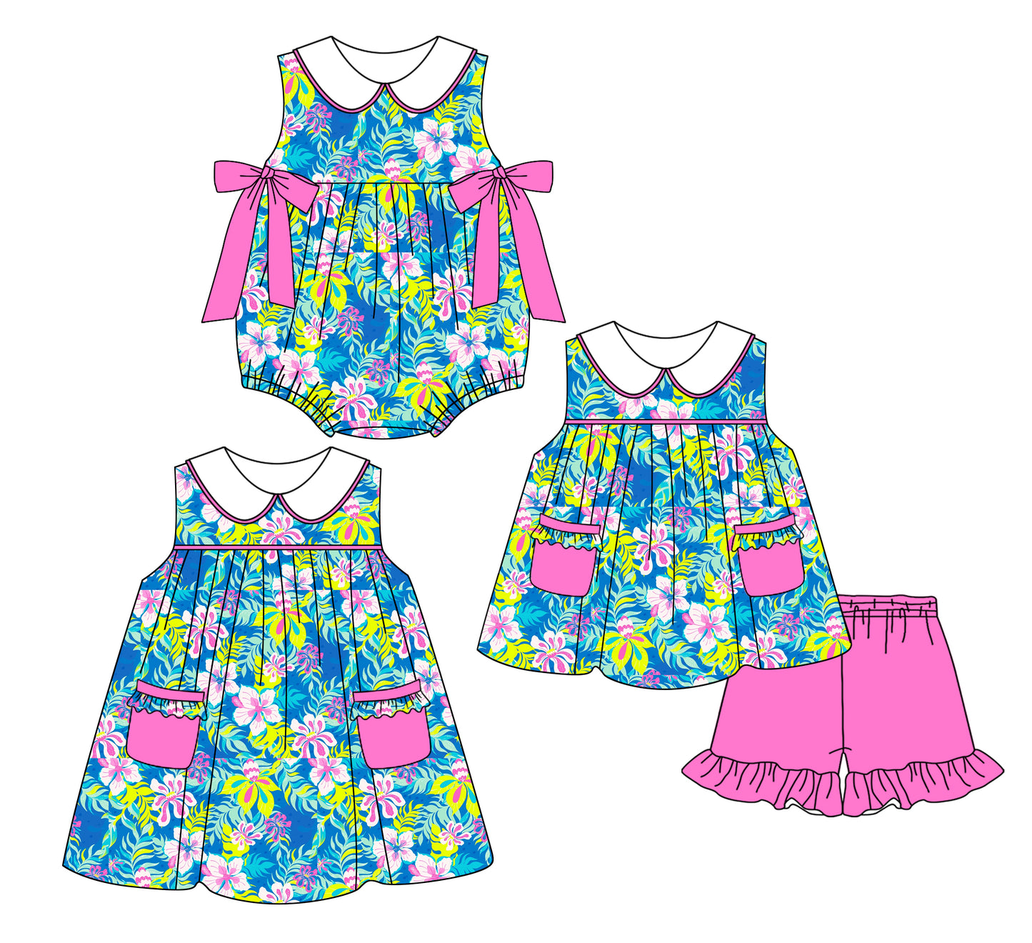 2.24 custom each style moq 5eta 4-6week Sibling Sisters floral pattern baby girl short sleeve shorts sets and dress and rompers match family design