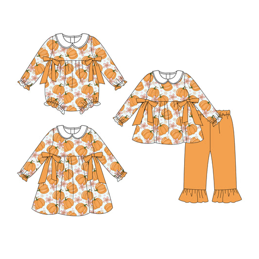 25.7.9 custom each style moq 5eta 4-6week Sibling Sisters pumpkin floral baby girl long sleeve pants sets and dress and rompers match family design
