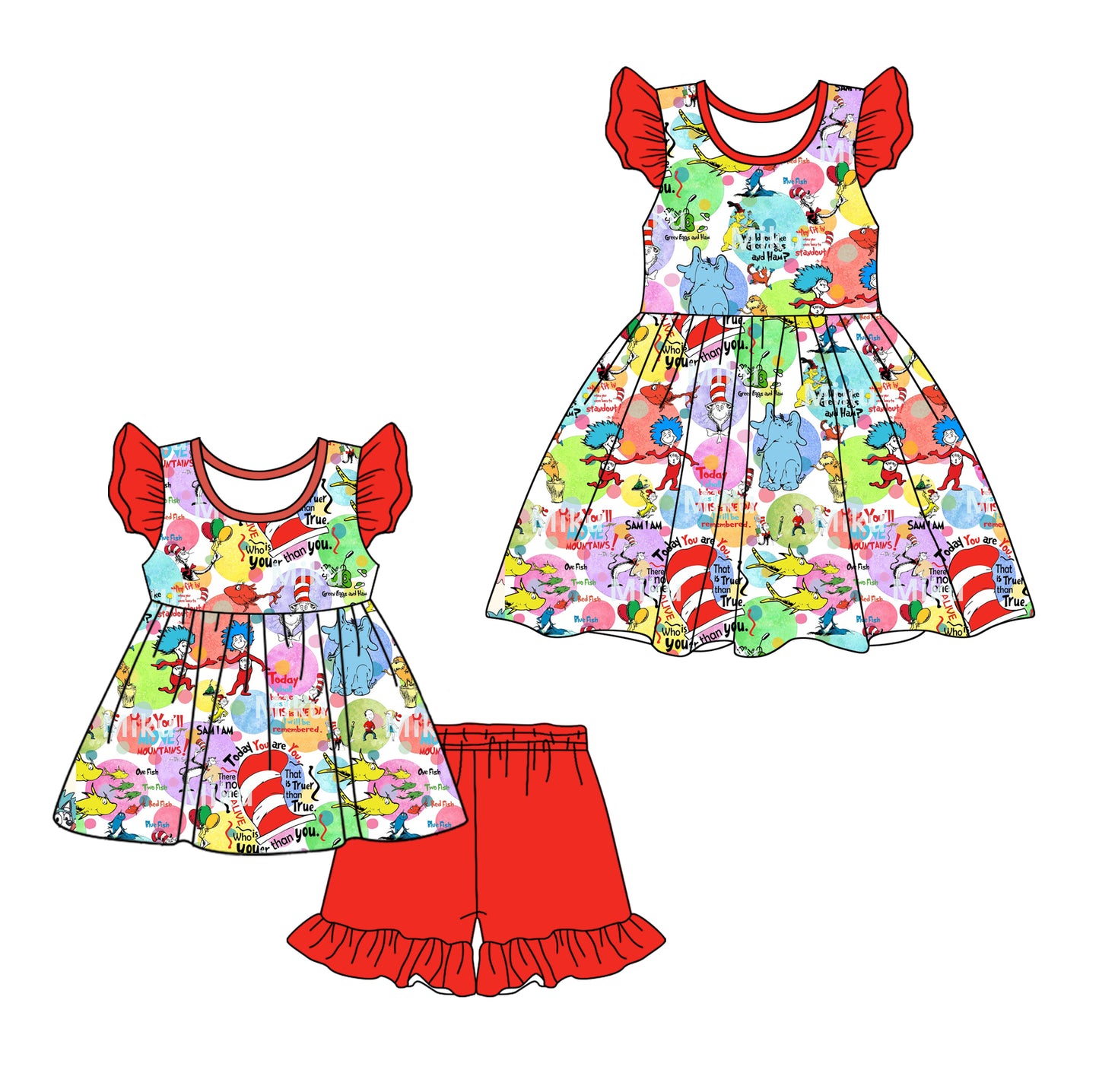 12.11 custom each style moq 5eta 4-6week Sibling Sister dr seuss red baby girl short sleeve shorts sets and dresses match design