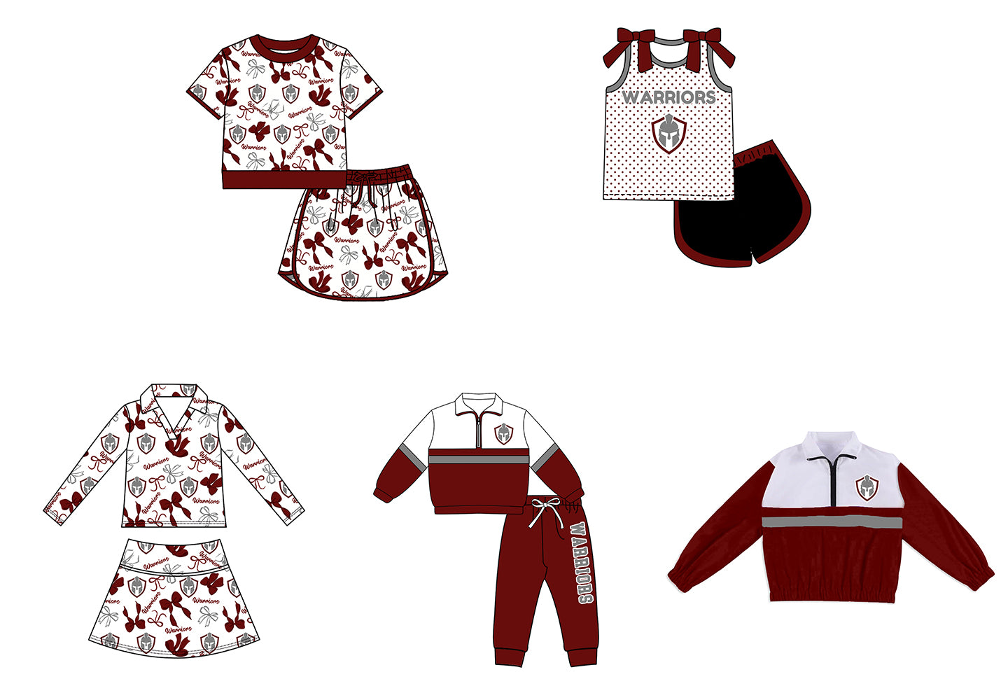 Custom moq 5 mix size milk silk summer teams Girls Polka Dot Top Shorts Set Top Skirt Short Set Dark Red Zipper Pullover Jogger Pants Set Pullover Tops