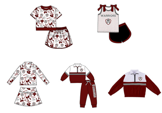 Custom moq 5 mix size milk silk summer teams Girls Polka Dot Top Shorts Set Top Skirt Short Set Dark Red Zipper Pullover Jogger Pants Set Pullover Tops