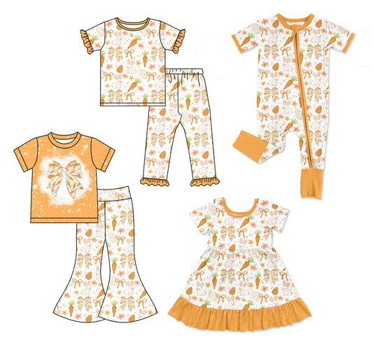 26.1.24 custom each style moq 5 eta 6-8week Sibling Sisters carrot baby girl short sleeve pants sets 2 and dress and rompers match family design