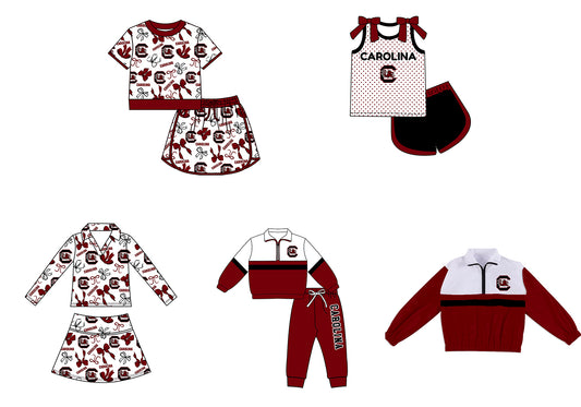 Custom moq 5 mix size summer teams Girls Polka Dot Top Shorts Set Red Bows Top Skirt Short Set Zipper Pullover Pants Set