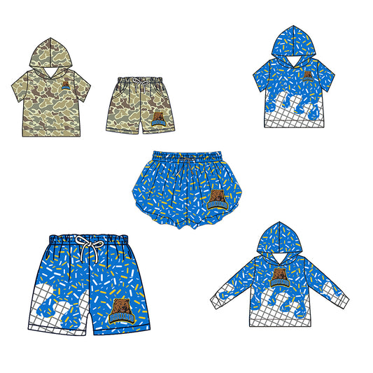 Custom moq 5 mix size milk silk summer teams Camo Hooded Short Sleeve Top Shorts Set Blue Ice Cream Drips Hooded Top with Matching Shorts For Baby