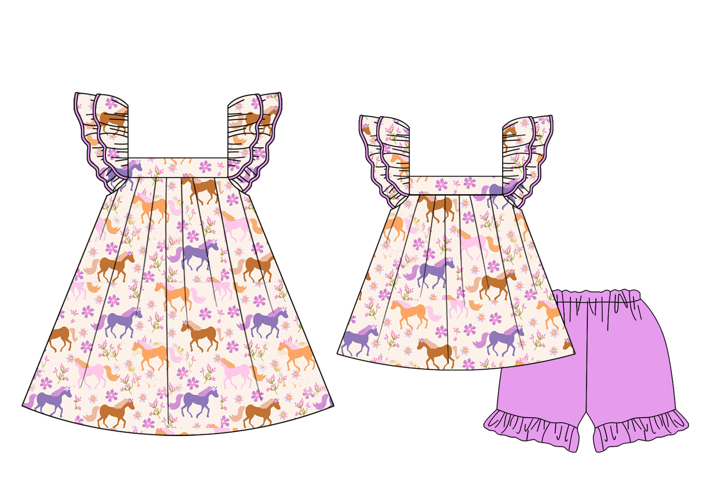 2.19 custom each style moq 5eta 4-6week Sibling Sister horse floral baby girl short sleeve shorts sets and dresses match design