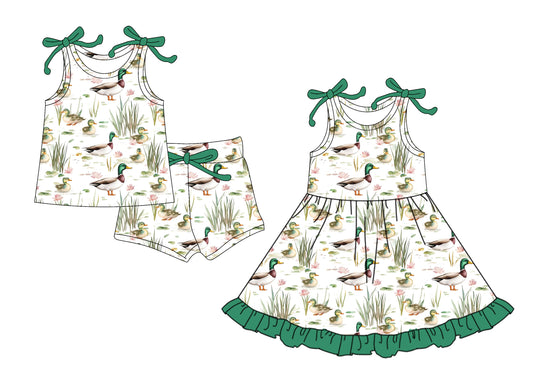 4.9 custom each style moq 5eta 4-6week Sibling Sister duck baby girl short sleeve shorts sets and dresses match design