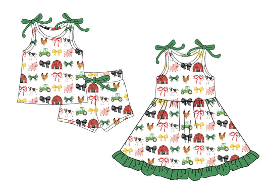 4.24 custom each style moq 5eta 4-6week Sibling Sister farm animal bow baby girl short sleeve shorts sets and dresses match design