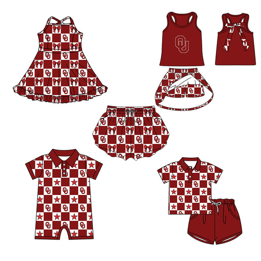 Custom moq 5 mix size milk silk summer teams Checked Bows Baby Girl Red Sleeveless Top Skirt Short Set Dress And Shorts Yoga Outfit Boy's Top Shorts Set Romper