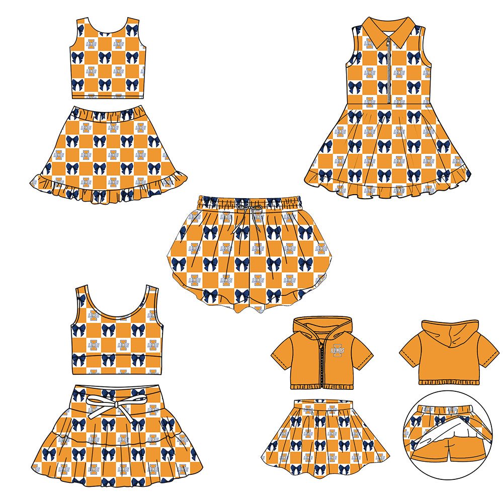 Custom moq 3 or 5 mix size milk silk summer teams baby girl clothes bow orange sleeveless skirts sets 3 and dresss and shorts-26.1.20