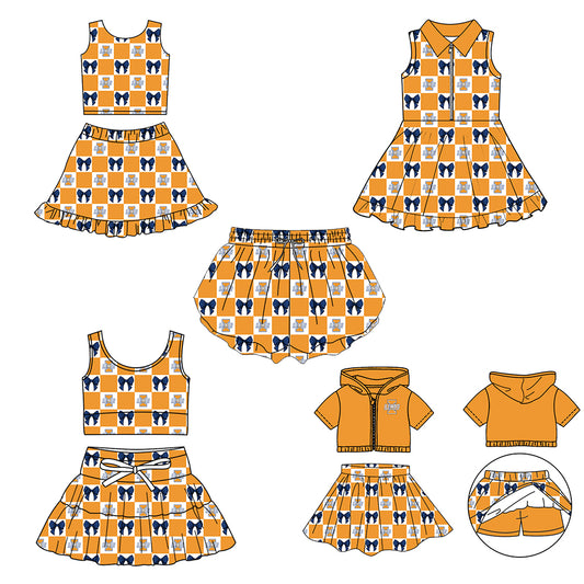 Custom moq 3 or 5 mix size milk silk summer teams baby girl clothes bow orange sleeveless skirts sets 3 and dresss and shorts-26.1.20