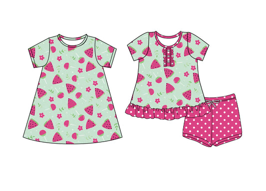 4.7 custom each style moq 5eta 4-6week Sibling Sister watermelon baby girl short sleeve shorts sets and dresses match design