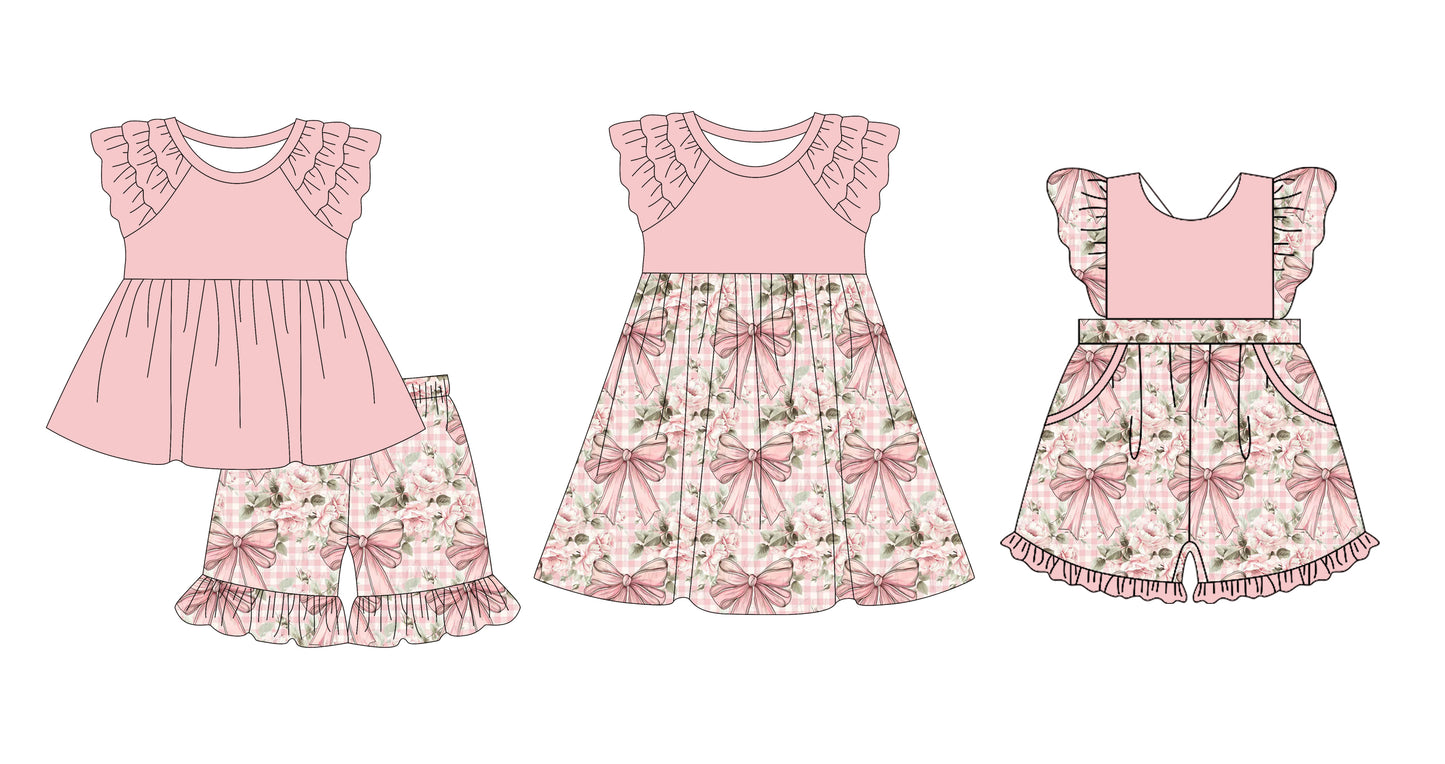 12.10 custom each style moq 5eta 4-6week Sibling Sister floral bow baby girl short sleeve shorts sets and dress and jumpsuits match family design