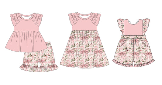 12.10 custom each style moq 5eta 4-6week Sibling Sister floral bow baby girl short sleeve shorts sets and dress and jumpsuits match family design