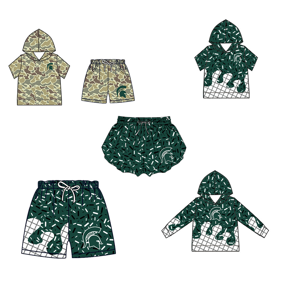 Custom moq 5 mix size milk silk summer teams Baby Camo Hooded Short Sleeve Top and Shorts Set Green Ice Cream Drips Hooded Top with Matching Shorts