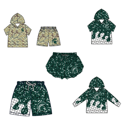 Custom moq 5 mix size milk silk summer teams Baby Camo Hooded Short Sleeve Top and Shorts Set Green Ice Cream Drips Hooded Top with Matching Shorts