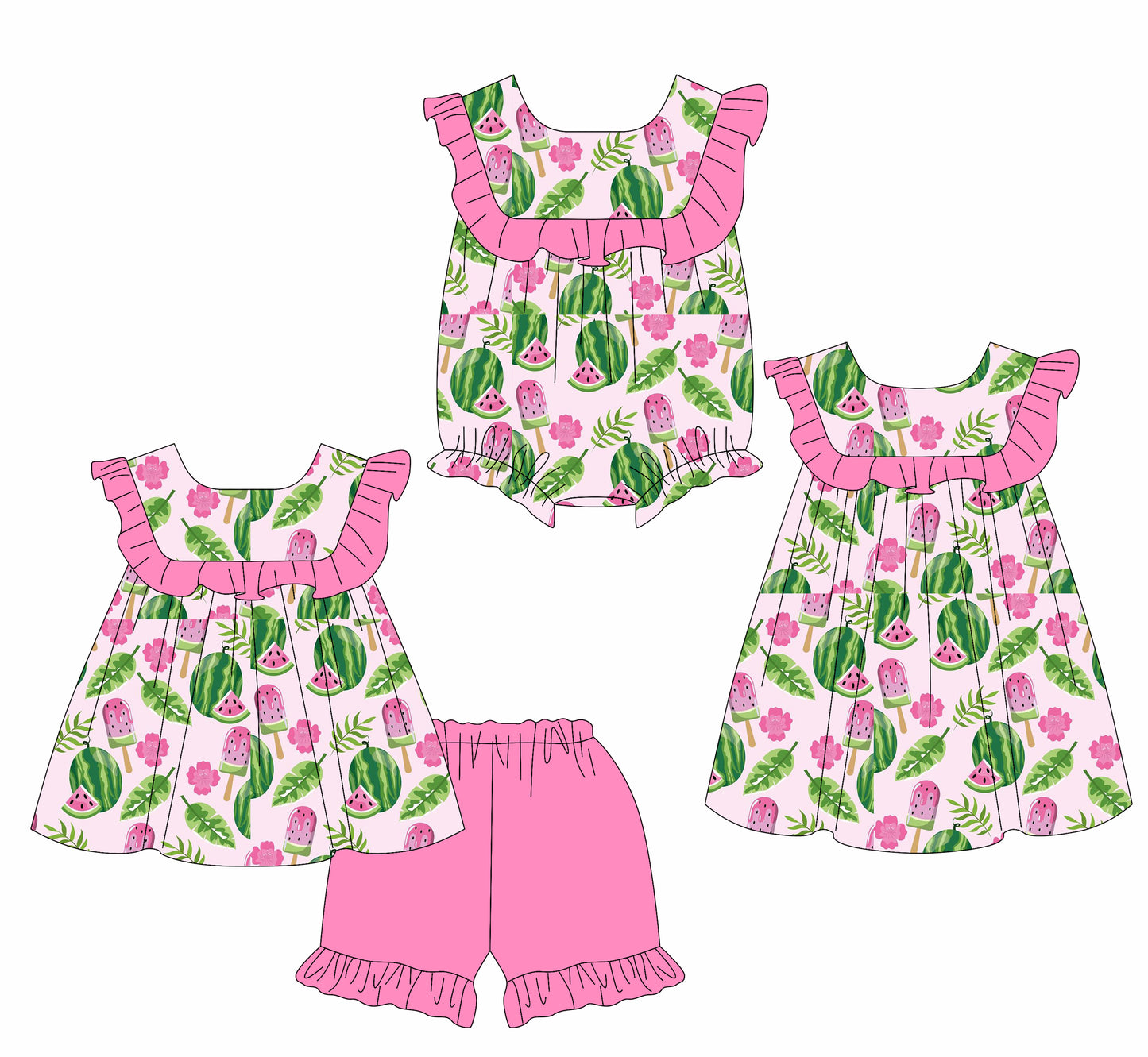 2.17 custom each style moq 5eta 4-6week Sibling Sister watermelon baby girl short sleeve shorts sets and dress and girl romper match design