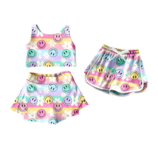 4.18 custom each style moq 5eta 4-6week Sibling Sisters smiley baby girls clothes Short sleeve yoga dress and shorts match family design