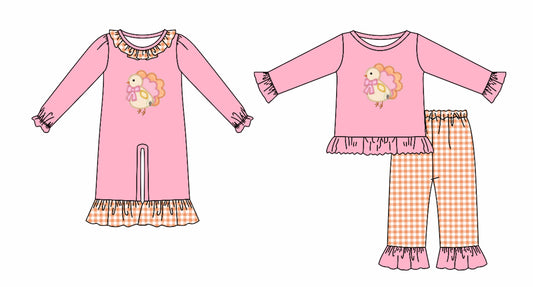 25.5.25 custom each style moq 5eta 4-6week Sibling Sisters turkey baby girl long sleeve pants sets and rompers match family design